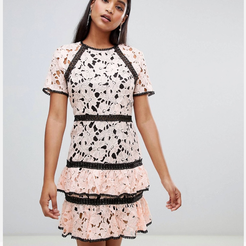 Liquorish pink lace panel tier dress ruffle mini short sleeve pastel cocktail